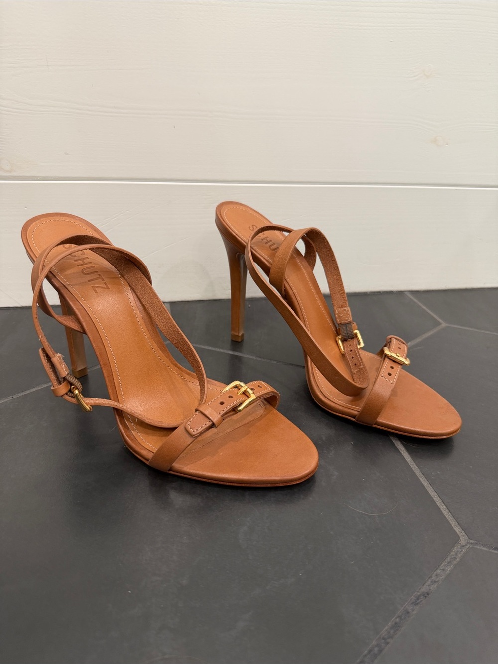SCHUTZ Tan Leather Ankle Strap Sandals - Picture 5 of 9
